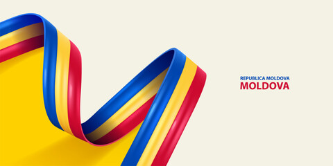 Moldova ribbon flag. Bent waving ribbon in colors of the Moldova national flag. National flag background.