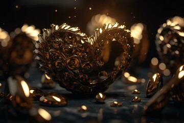 Spiral Valentine's wallpaper with 3D black and gold hearts. Rendered design. Generative AI