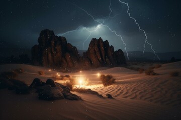 An electrifying sci-fi scene of a mountain struck by lightning bolts in a desolate sand dune wilderness with a starry twilight sky. Generative AI