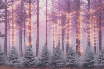 magical forest with trees illuminated by colorful lights Generative AI