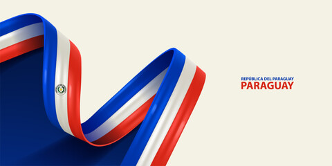 Paraguay ribbon flag, bent waving ribbon in colors of the Paraguay national flag. National flag background.