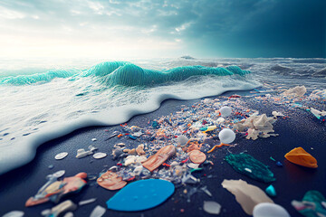 Plastic pollution at the sea. Plastic waste at the sea. Several plastic waste at the beach.