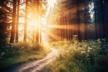 Obraz premium sun rays shining through the dense trees of a lush forest Generative AI