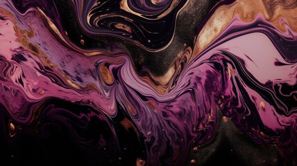 Contemporary Marbling Background. Liquid Swirls in Beautiful Purple and Black colors, with Gold Powder. Generative AI