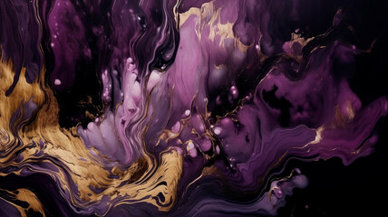 Contemporary Marbling Background. Liquid Swirls in Beautiful Purple and Black colors, with Gold Powder. Generative AI