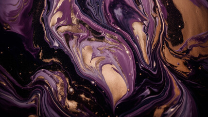 Contemporary Marbling Background. Liquid Swirls in Beautiful Purple and Black colors, with Gold Powder. Generative AI
