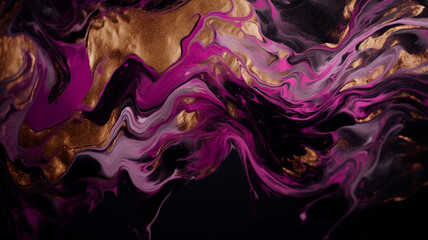 Contemporary Marbling Background. Liquid Swirls in Beautiful Purple and Black colors, with Gold Powder. Generative AI