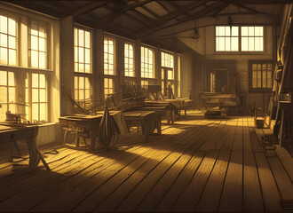 Painting of an old-fashioned weaving workshop depicting a rustic, timeworn space filled with the workbenches and looms cloth and equipment of a bygone era. generative ai illustration