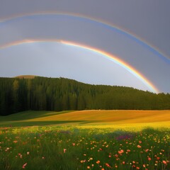 A serene meadow with a rainbow stretching across the sky3, Generative AI