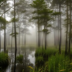 A misty and mysterious swamp with tall grasses and murky water1, Generative AI