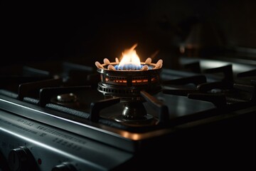 Gas stove ignites flame in low light, slow motion. Generative AI