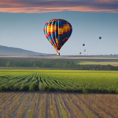 A colorful hot air balloon floating over a patchwork of farmland5, Generative AI