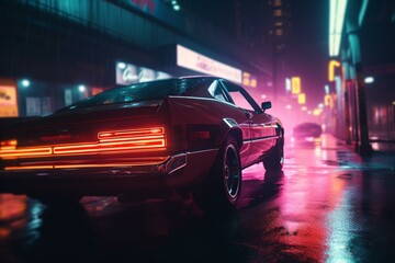 Fototapeta na wymiar Car speeds through neon city at night with synthwave vibe. Generative AI