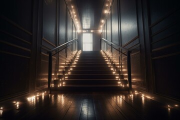 A 3D illustration of a lengthy staircase leading to a light source. Generative AI