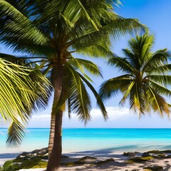 A tropical beach with crystal clear blue water and palm trees swaying in the breeze5, Generative AI