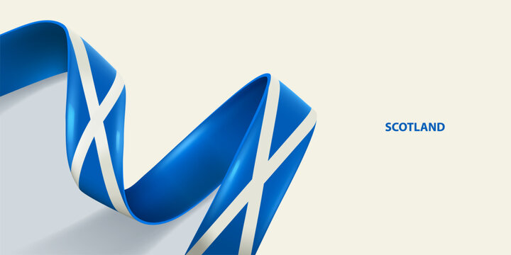 Scotland ribbon flag. Bent waving ribbon in colors of the Scotland national flag. National flag background.