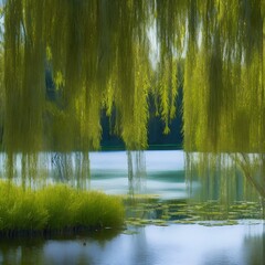 A tranquil pond surrounded by weeping willows and lily pads4, Generative AI