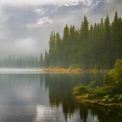 Fototapeta na wymiar A tranquil lake with a misty fog hovering above the surface1, Generative AI