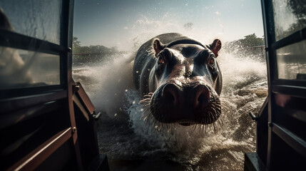 Angry hippo chasing the boat in Africa - obrazy, fototapety, plakaty