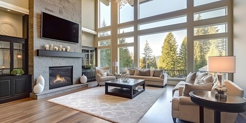Beautiful living room interior with hardwood floors and fireplace in new luxury home. Large bank of windows hints at exterior view. generative ai.