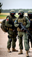 three soldiers in uniform with rifle, generative ai