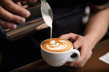 a cup of cappuchino in mans hands, barista make coffee latte art Generative AI