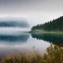 Fototapeta na wymiar A tranquil lake with a misty fog hovering above the surface2, Generative AI