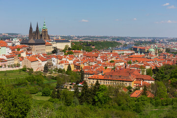 Fototapeta premium Spring Prague City with gothic Castle and the colorful Nature with flowering Meadows from the Hill Petrin, Czech Republic
