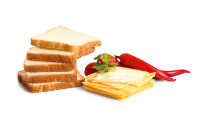 Slices of tasty processed cheese with vegetables and bread on white background
