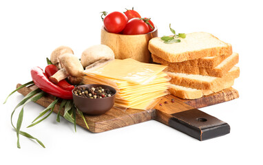 Board of tasty processed cheese with vegetables and bread on white background