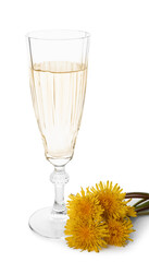 Glass of dandelion wine on white background