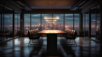 A conference room with cityscape views