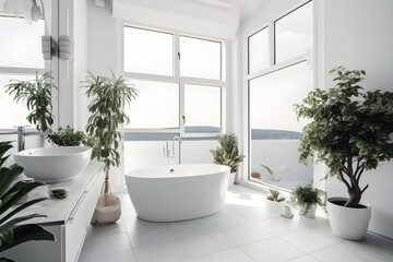 Big white bathroom interior design with big window and sea view, many indoor green plants, biophilic interior. Generative AI