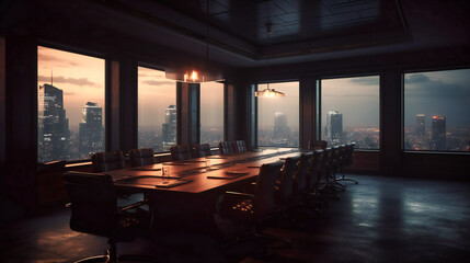 A conference room with cityscape views