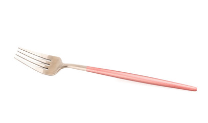 Silver fork with pink handle on white background
