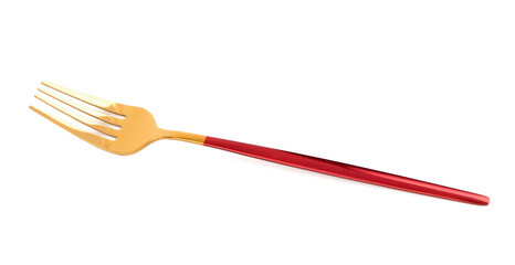 Golden fork with red handle on white background