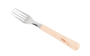 Silver fork with wooden handle on white background