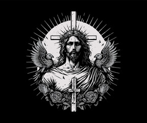 Fototapeta na wymiar Jesus Christ Silhouette Art In Black and White Color