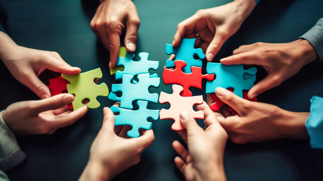 Human hands holding one piece of puzzle with colorful pieces in the middle for team idea