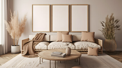 Scandi interior design with beige sofa,wooden boho table and carpet in modern coastal living room. Frame wall mock up. 