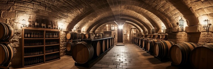 illustration, cellar with wine barrels, website header, ai generative. - obrazy, fototapety, plakaty