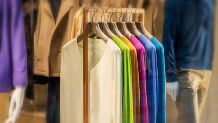 Fototapeta premium Multicolored pullovers, clothes on hanger in store, selective focus. Shopping
