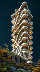 Landscape of a sci-fi futuristic architecture style vertical village residential building in nature, surrounded by lush deciduous vegetation, at midnight - Generative AI Illustration