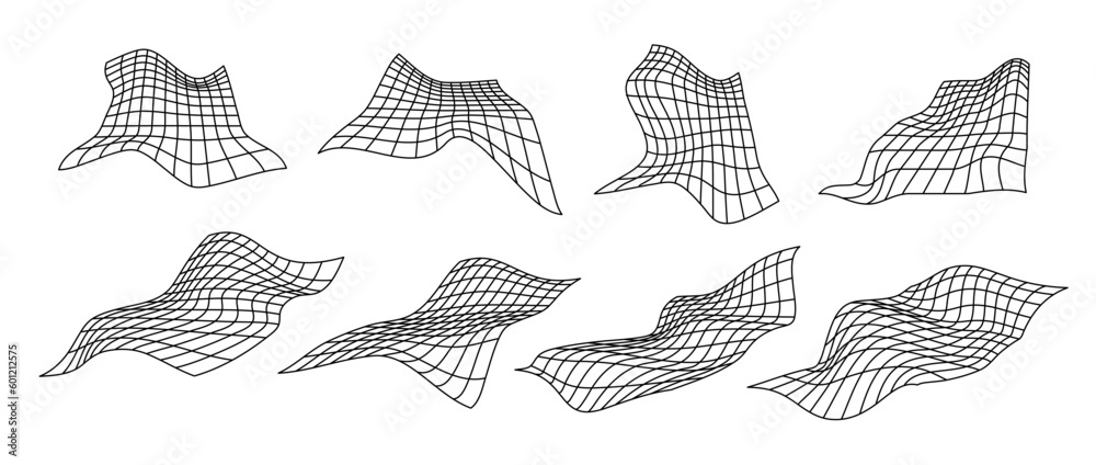 Leinwandbilder distorted perspective grid pack. glitch rectangle plane set. wavy futuristic elements bundle. ripple