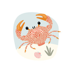 Cute cartoon sea spotted crab on color background, flat style illustration.
