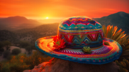 A colorful hat showing a sunset over a hill