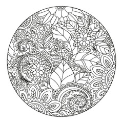  Floral pattern in a circle. Mandala.                                              Antistress coloring book for children and adults. 