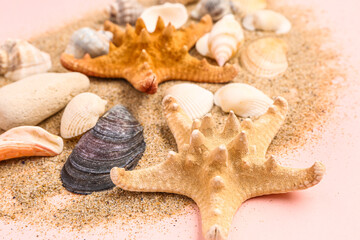 Fototapeta na wymiar Sand with seashells and starfishes on pink background