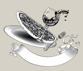 Vintage engraved drawing of Thrown into the air big round pizza, fork, glass with splashed wine and classic ribbon banner