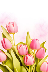 Obraz premium Beautiful composition of spring flowers. Tulips on a pastel yellow background. Valentine's Day, Easter, Birthday, Women's Day, Mother's Day. Copy space, generative AI